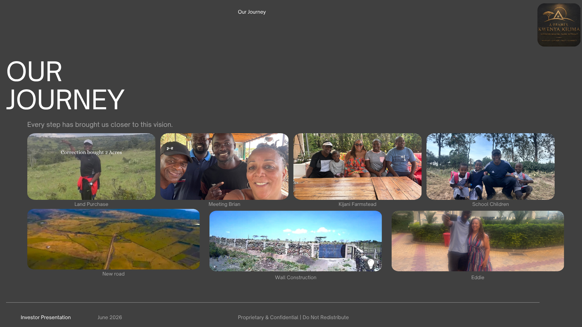 Photo grid showing the journey of A-Frames Kwenye Kilima — land purchase, farmstead, community, construction