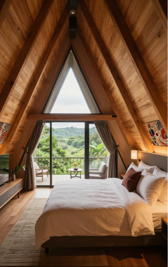 Projected bedroom — A-frame window overlooking the hills