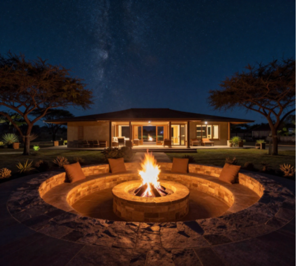 Projected fire pit — stone seating under the Milky Way