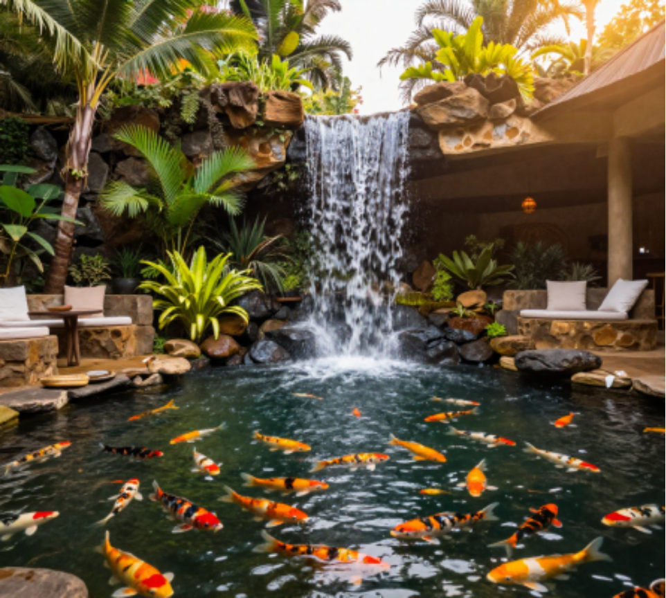 Projected koi pond — waterfall feature and stone seating