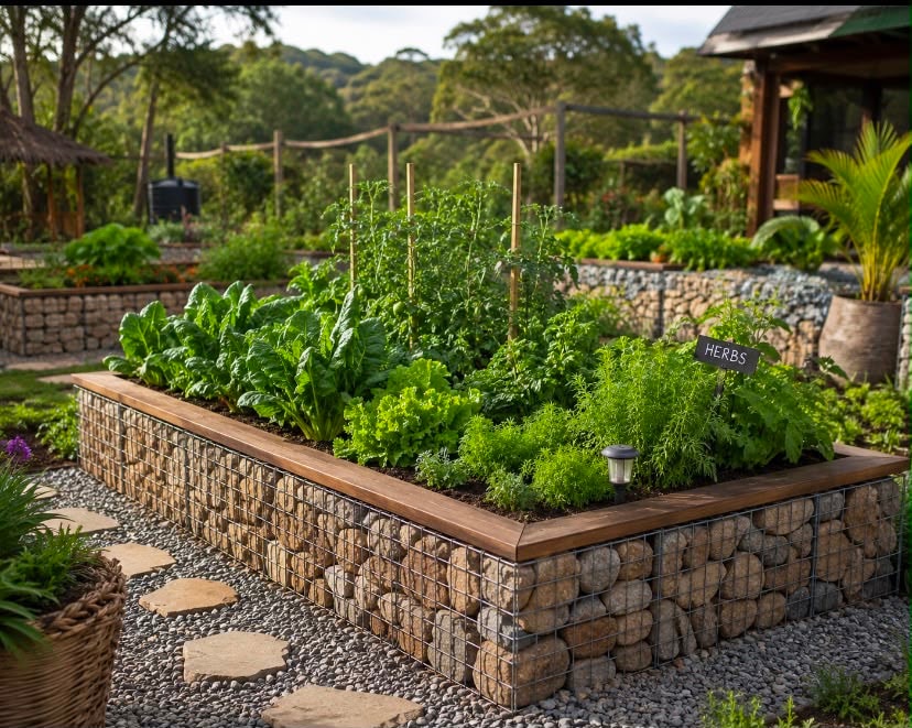Projected raised garden beds and stone gabion walls