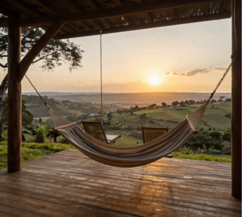 Projected hammock deck — golden-hour valley views from the ridge