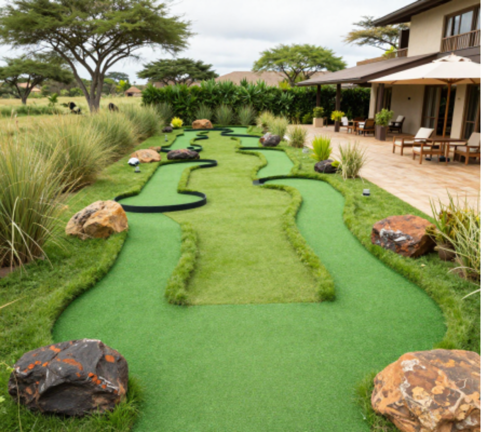 Projected mini golf — natural boulders and acacia-framed greens