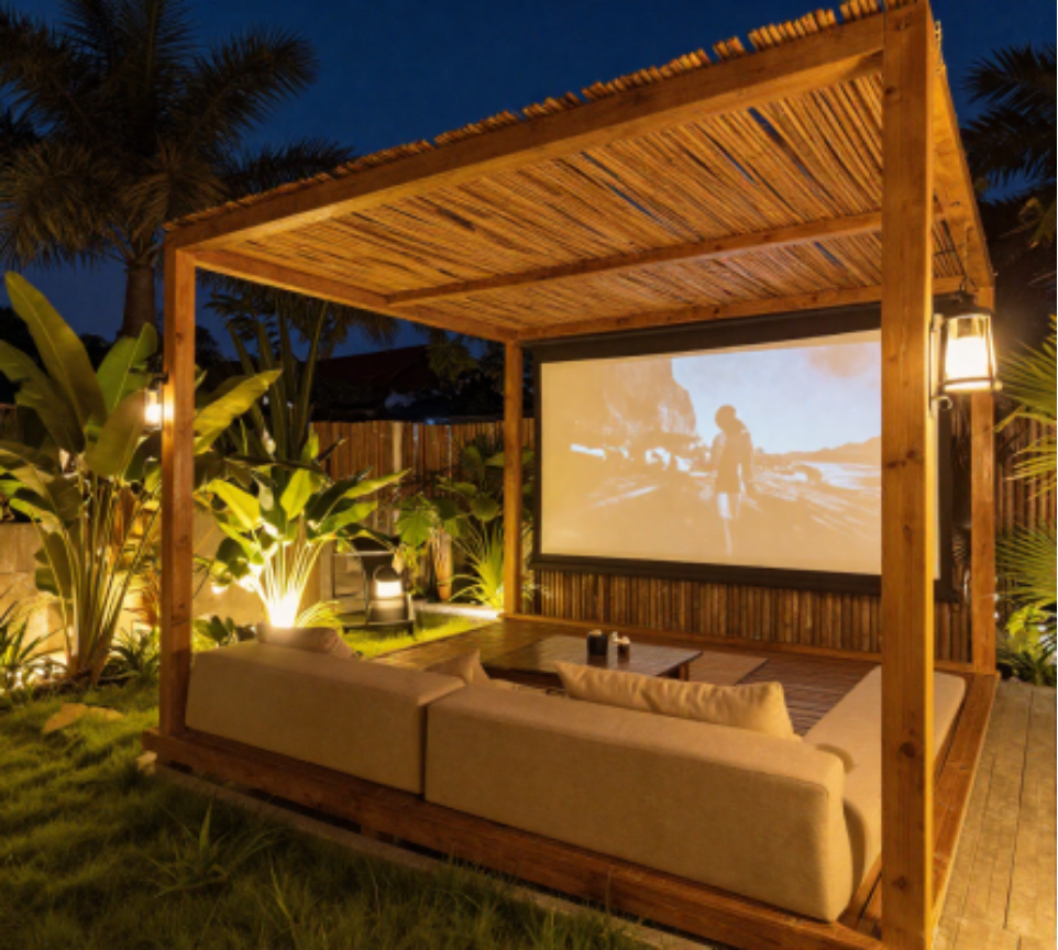 Projected open-air cinema — pergola, screen, and ambient lanterns