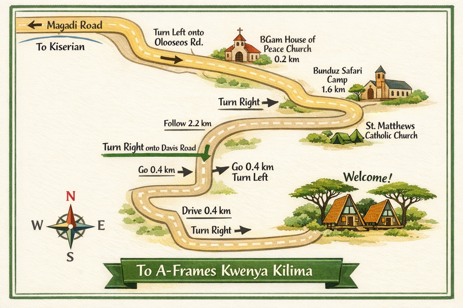 Illustrated directions map to A-Frames Kwenye Kilima from Kiserian Magadi Road