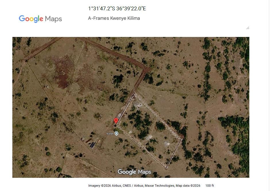Satellite view of A-Frames Kwenye Kilima proposed site on Champagne Ridge, Kiserian, showing stone retaining wall and neighbouring fenced plot